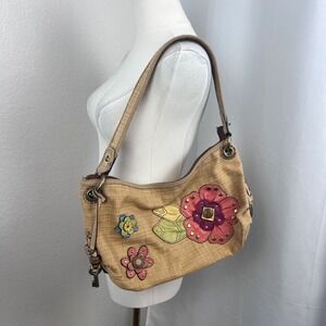 Vintage Y2K Fossil Shoulder Bag Straw Weave Boho Textured Floral Purse Artsy